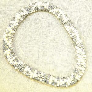 Vintage Loom-Woven Seed Bead Artisan Bracelet Silver & White Boho Cuff Roll On